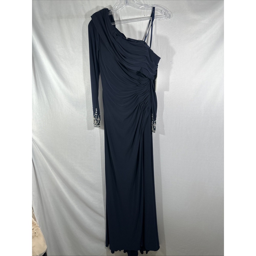 NWT $398 Mac Duggal [ 6 ] 12527 Bead Cuff Drop Shoulder Gown Midnight Blue J1697 - Picture 8 of 14